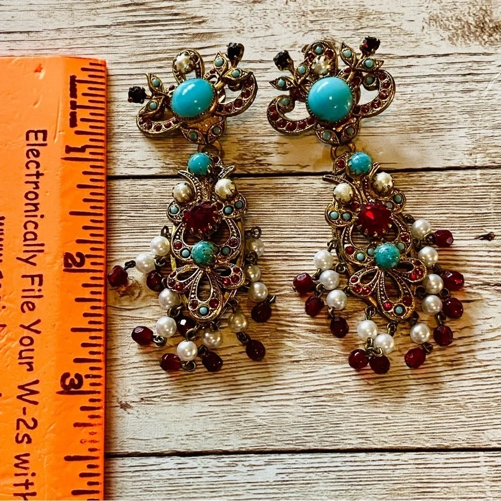 Vintage Fiorenza  style turquoise pearl and garnet bohemian dangling earrings 3”